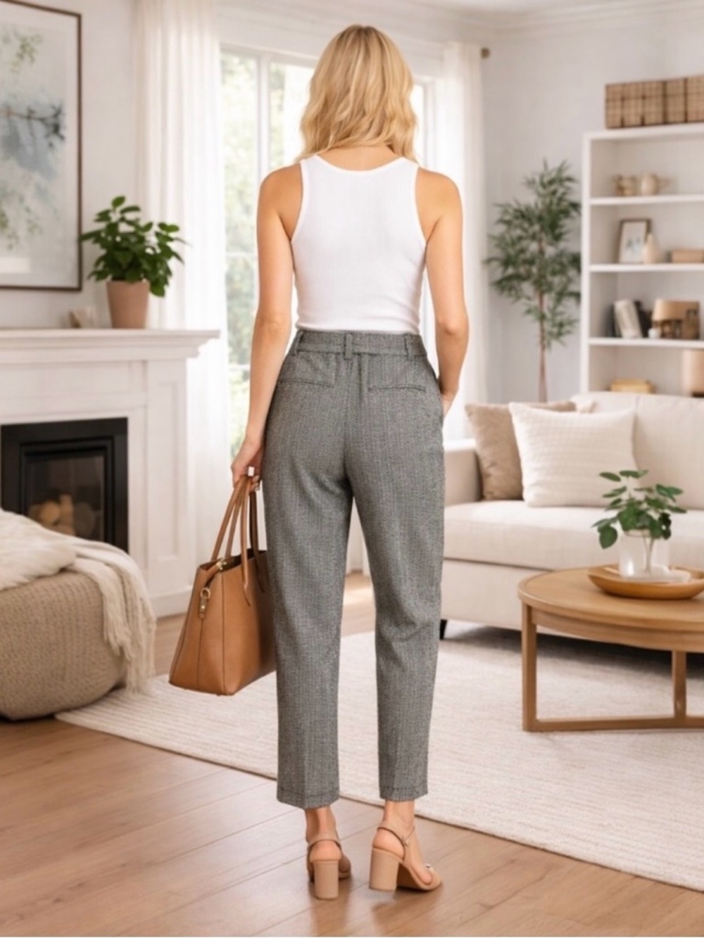 White House Black Market Taper Ankle Belted Herringbone/Tweed-style pants size 8 - Picture 2 of 6
